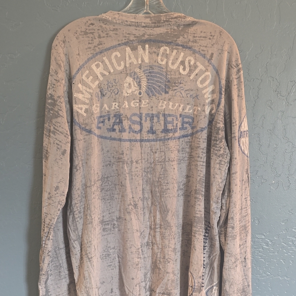 Affliction Men's Distressed Blue and Gray Long Sleeve Tee - Picture 6 of 8